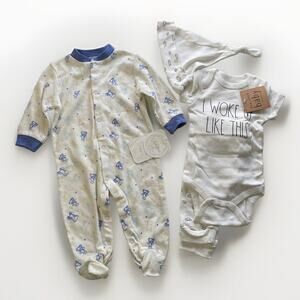 Lot of 2 Baby Boys Rae Dunn, Kyle & Deena Bodysuit, pants, Hat, Footie 0-3M, 3-6